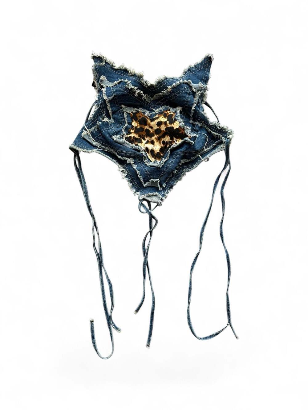 SHEIN Y2K Distressed Denim Star Halter Crop Top with Leopard Print Detail